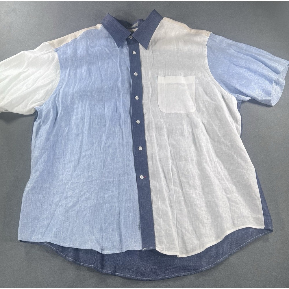 Daniel Cremieux Mens XXL Linen Colorblock Button Up Shirt Italian Fabric Blue